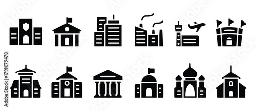 Simple urban building icons. Infrastructure building icons. Police station, courthouse, office, industrial plant, airport, sports field, arena, university, school, bank, parliament, mosque.