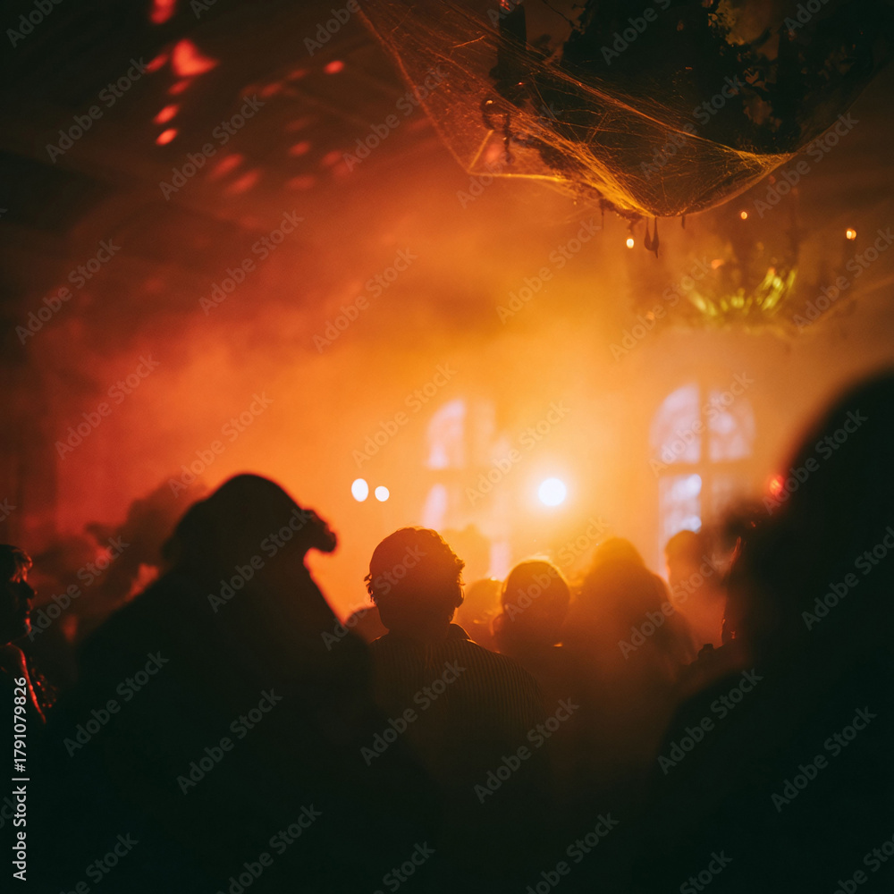 Fototapeta premium Atmospheric shot of silhouetted figures in a vibrant, smoky space. Evokes a sense of mystery, energy, and celebration. Perfect for events, nightlife, or abstract concepts.