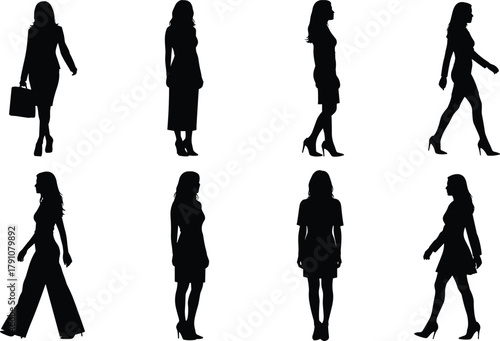 Silhouette of elegant business women walking and standing in various poses, stylish female figures in fashion outfit vector illustration