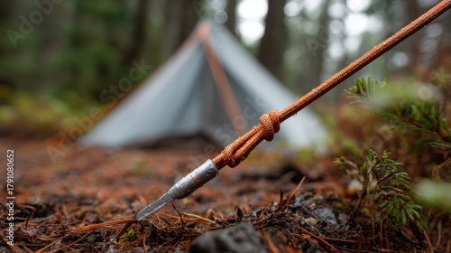 Camping in the forest — close-up tent guyline and metal stake securing ground, calm outdoor mood, macro shallow depth of field, natural light — practical survival detail for adventure gear, trekking