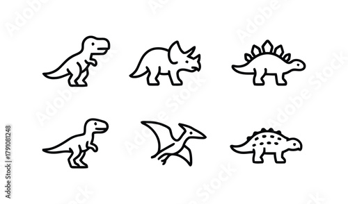 dinosaur, trex, triceratops, stegosaurus, velociraptor, pterodactyl, ankylosaurus, prehistoric, ancient, reptile, creature, animal, icon, set, collection, illustration, simple, graphic, design, drawin