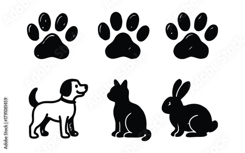 dog, cat, rabbit, bunny, pet, animal, paw print, footprint, icon, set, collection, hand drawn, doodle, sketch, outline, black, white, silhouette, domestic, wildlife, mammal, companion, graphic, design