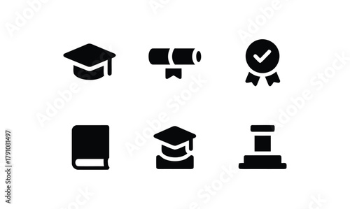 education, learning, achievement, graduation, icons, symbols, graduation cap, diploma, medal, book, judge gavel, academic, school, university, award, certificate, education icons, learning icons, achi
