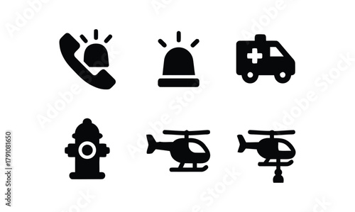 emergency, rescue, ambulance, helicopter, fire hydrant, siren, phone, call, medical, help, service, safety, transport, vehicle, alarm, alert, communication, icon, symbol, graphic, design, black and wh