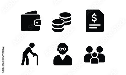 finance, money, wallet, coins, bill, dollar, income, expense, savings, retirement, elderly, old man, cane, glasses, group, people, family, icon, symbol, vector, graphic, design, silhouette, business, 