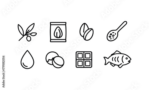 olive branch, seed packet, coffee beans, spoon, oil drop, egg, chocolate bar, fish, food, ingredients, healthy, natural, cooking, culinary, icon, set, collection, line art, drawing, simple, graphic, d