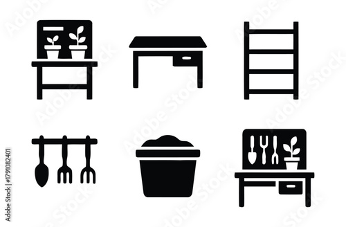 table, potted, icon, tools, utensils, shelf, miscellaneous, vector, pots, design, workshop, workbench, bucket, storage, description:, items., representing, black, (spoon, graphic, gardening, white, ho