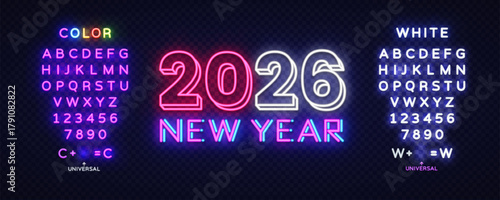 Stylish 2026 New Year neon lettering with glowing alphabets on both sides. Ready-to-use editable font for creative holiday projects and digital graphics. Vector illustration