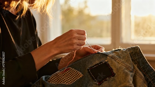 Close-up of Hands Mending Denim Fabric with Needle and Thread at Sunset