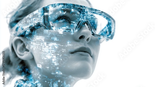 Wallpaper Mural A woman wearing blue glasses looking at a cityscape. The image is a representation of a futuristic city Torontodigital.ca