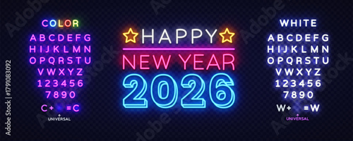 Happy New Year 2026 glowing in neon style, framed by color and white editable letter sets. Universal typeface for creative festive design. Vector illustration