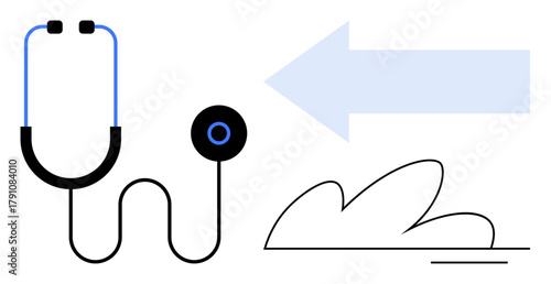 Stethoscope with coiled tubing next to an arrow pointing left above abstract cloud shape. Ideal for healthcare, diagnostics, medical progress, innovation, guidance, clarity, simple flat metaphor