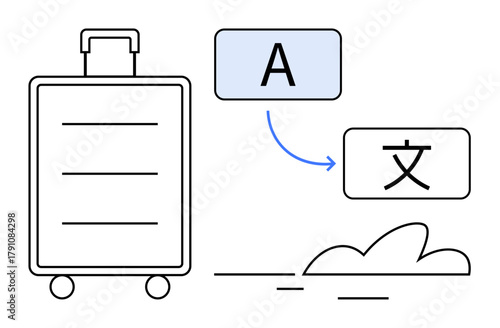 Suitcase next to speech bubbles with translated text symbolizing global communication. Ideal for travel, multilingual communication, tourism, cultural exchange, learning languages, technology, simple