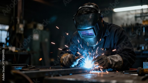 Skilled Welder Working with Metal in Industrial Workshop