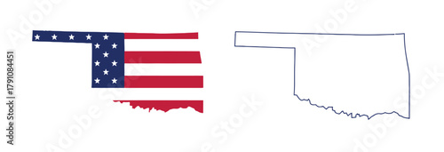 oklahoma, state, usa, united states, america, map, outline, silhouette, shape, american flag, stars and stripes, red, white, blue, patriotic, geography, cartography, territory, border, contour, illust
