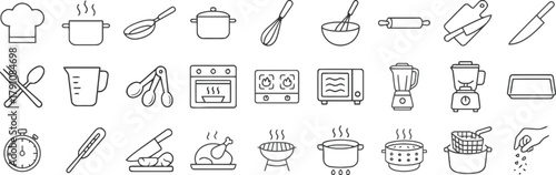 cooking, kitchen, chef hat, pot, pan, ladle, whisk, bowl, rolling pin, knife, fork, spoon, measuring cup, measuring spoons, oven, stove, microwave, blender, food processor, cutting board, timer, therm
