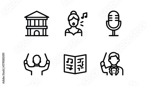 music, performance, building, opera house, singer, microphone, conductor, music sheet, orchestra, icon, set, collection, illustration, simple, graphic, design, drawing, black and white, art, entertain