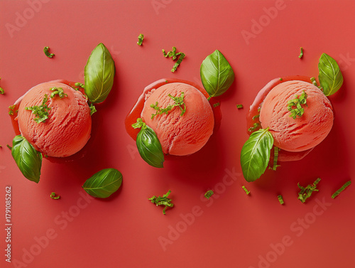 Three vibrant scoops of tomato and red pepper on a matching red background. Each scoop is garnished with fresh basil leaves and chopped herbs, presenting a unique savory-sweet dessert.