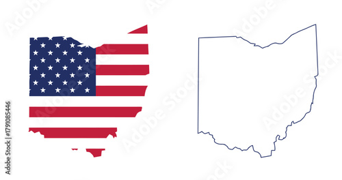 ohio, state, usa, united states, america, map, outline, silhouette, shape, american flag, stars and stripes, red, white, blue, patriotic, geography, cartography, territory, border, contour, illustrati