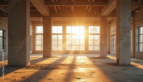 Sunlight streams into unfinished building interior. Concrete pillars support structure, large windows face outside. Construction project in progress, empty space awaits completion. © Maryna