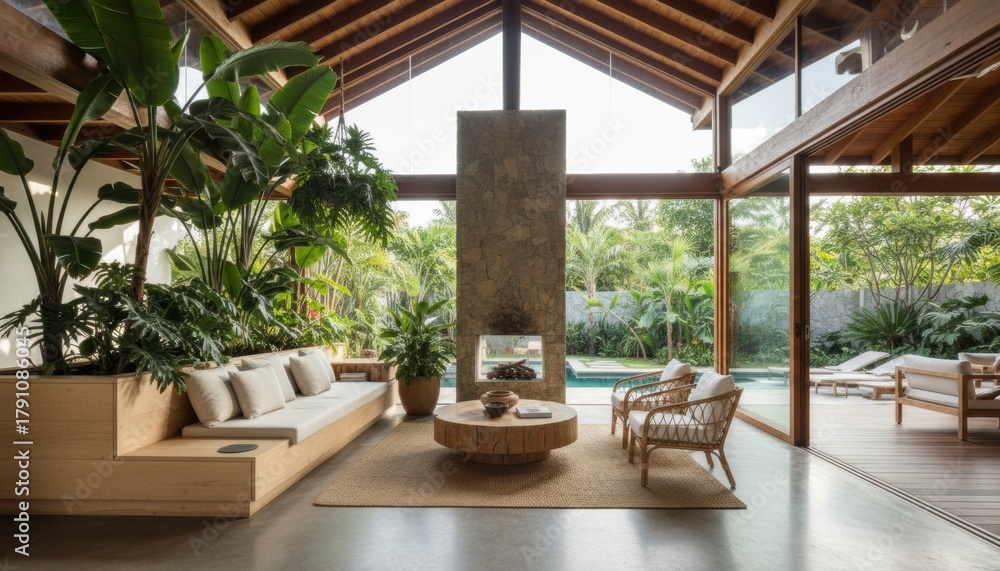 Fototapeta premium A bright tropical living room with indoor plants, natural wood, and open glass walls leading to a lush garden and pool, symbolizing harmony between architecture and nature in modern eco design