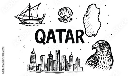 qatar, doha, middle east, country, map, falcon, dhow, pearl, oyster, skyscraper, city, skyline, architecture, travel, culture, symbol, illustration, hand drawn, sketch, drawing, black and white, iconi