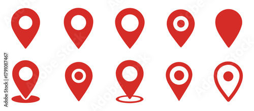 location pin, map marker, gps icon, pin, pointer, navigation, destination, place, address, map symbol, red icon, set, collection, graphic, ui element, interface, find, search, point of interest, trave