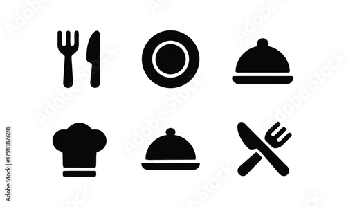 restaurant, dining, food, meal, eat, drink, chef, hat, plate, fork, knife, spoon, cutlery, service, cuisine, menu, icon, symbol, graphic, design, black and white, isolated, modern, flat, illustration,