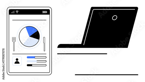 Smartphone showing nutrition tracking app with pie chart and user data, next to an open laptop. Ideal for health, technology, diet tracking, innovation, business, remote work management. Simple flat