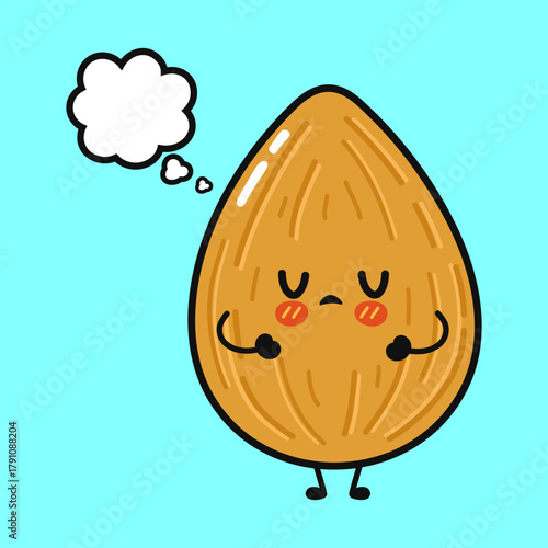 Sad thinking almond character having a thought bubble
