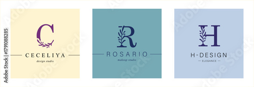 Logo C, R, capital letter H. Monogram of Botanical Minimalistic, Initial. with Organic Plant Elements. Vector design.