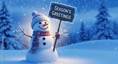 A cheerful snowman stands amidst a picturesque winter wonderland, holding a sign displaying Season's Greetings, evoking the warmth and magic of the festive season. 