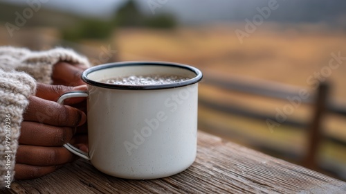 Cozy Autumn Coffee Outdoors — Warm hands in knit sweater holding enamel mug on rustic porch, calm lifestyle mood, shallow depth, ideal for fall travel, camping, wellness, and slow living