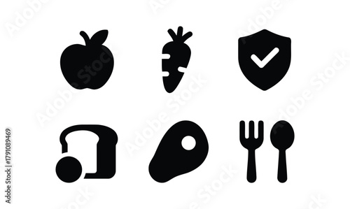 food, apple, carrot, shield, checkmark, bread, steak, fork, spoon, cutlery, healthy, nutrition, diet, meal, ingredients, produce, meat, staple, eating, dining, safety, security, icon, graphic, illustr