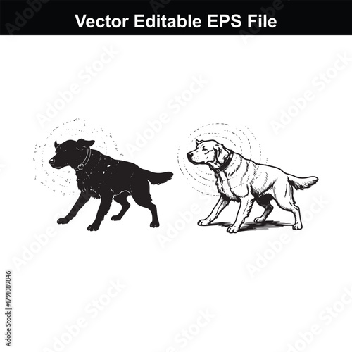 Two labrador retriever dogs, one in silhouette and one as a sketch, standing side by side on a