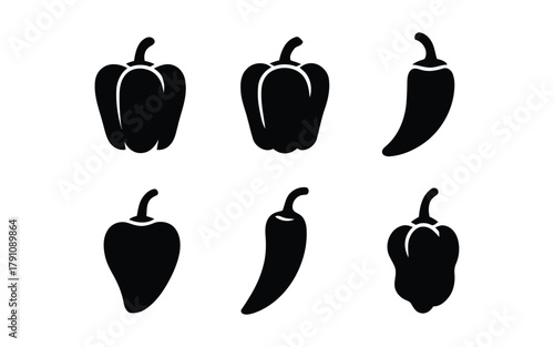 pepper, chili pepper, bell pepper, vegetable, food, ingredient, spice, silhouette, icon, set, collection, organic, produce, cooking, healthy, plant, design, graphic, object, simple, clean, white backg