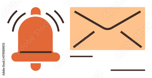 Bell icon with sound waves and an envelope signifying notifications, messages, or communication. Ideal for digital interface, email, updates, alert management, reminders, messaging efficient