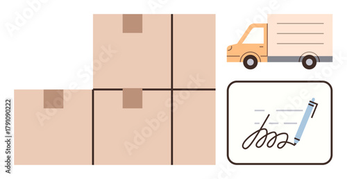 Stack of packed boxes, delivery truck, signature on document. Ideal for logistics, shipping, transportation, ecommerce, delivery services supply chain inventory. Simple flat metaphor