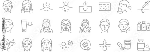 skincare, dermatology, icon, set, face, skin, acne, pimple, pores, treatment, cream, sun, doctor, mask, serum, pipette, dropper, medicine, capsule, pill, water, bottle, health, hygiene, beauty, care, 