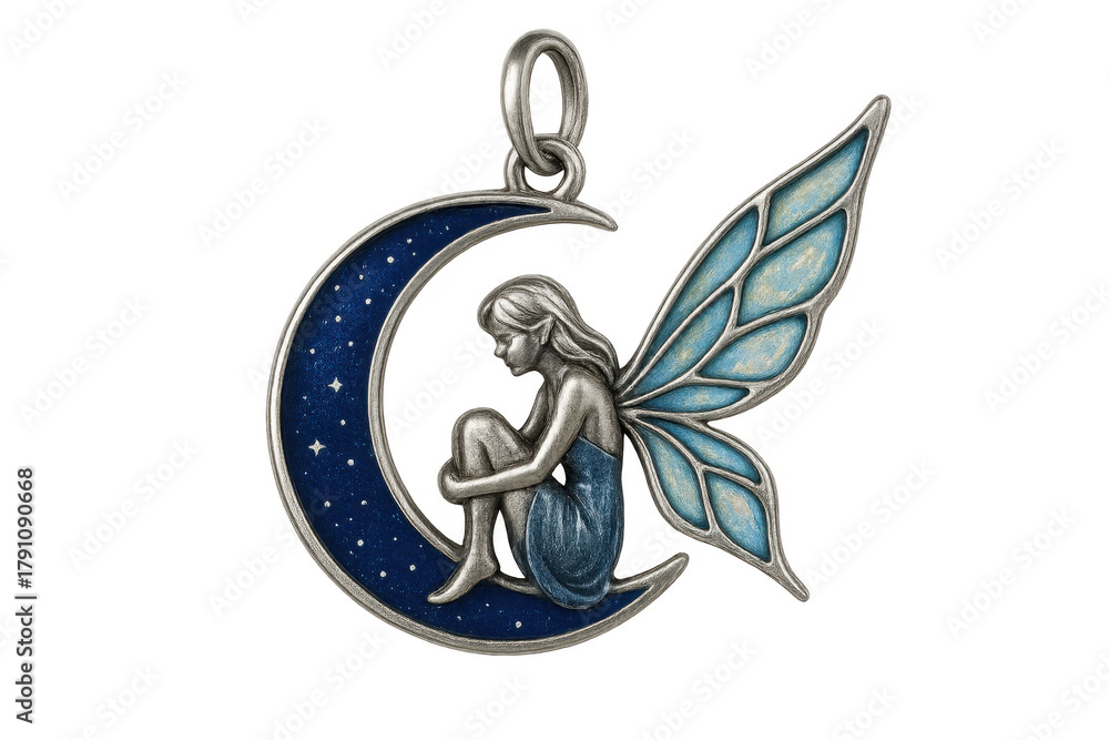 Naklejka premium Fairy sitting on moon pendant with blue wings