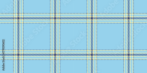 Upscale textile seamless texture, layout check tartan pattern. Cozy plaid vector fabric background in cyan and yellow colors.