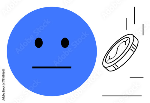 Circular face with neutral emotion and falling coin suggest choice, chance, impartiality, uncertainty. Ideal for emotions, luck, risk, decision-making, probability impartiality simple flat metaphor