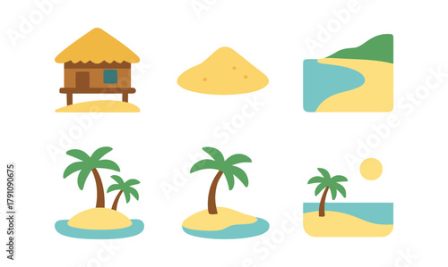 beach, island, hut, sand, palm tree, ocean, sea, tropical, vacation, travel, nature, landscape, water, summer, sun, bungalow, stilt house, hill, coast, paradise, getaway, remote, isolated, simple, ico