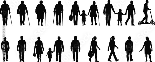 Silhouette of people walking with children and elderly, family generation concept, urban lifestyle vector illustration for community design use