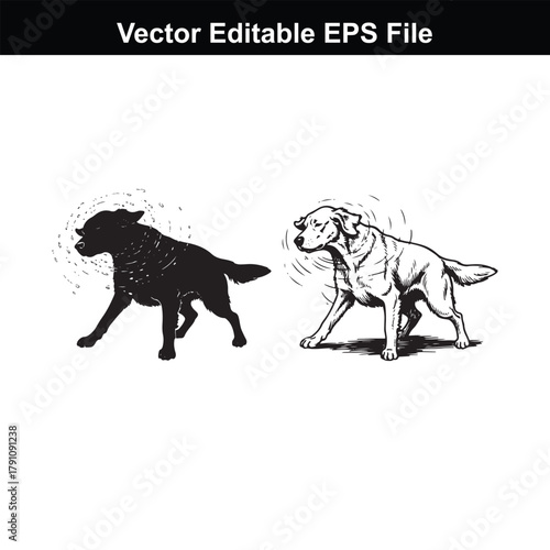 Two dogs, one black silhouette and one detailed drawing, standing side by side on a