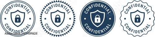 Set of Four Confidential and Private Data Security Stamp Seals with Shield and Padlock Icons for Corporate Documents and Information Protection