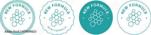 New Formula Product Label Seals with Molecular Structure Icon in Teal and White for Health, Cosmetic, and Pharmaceutical Innovation