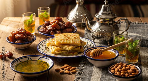 Moroccan Market Breakfast: Msemen Pancakes, Dates, Mint Tea, Honey, and Almonds