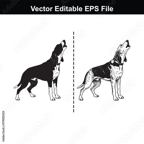A black silhouette of a beagle and a detailed drawing of a beagle howling on a