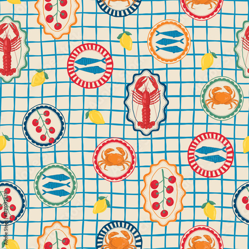 lobster, sea shell, ocean, marine, summer beach, coastal, tropical seamless pattern background, print, pattern, greeting card, banners, web, wrapping paper, fashion, fabric, textile, wallpaper, cover